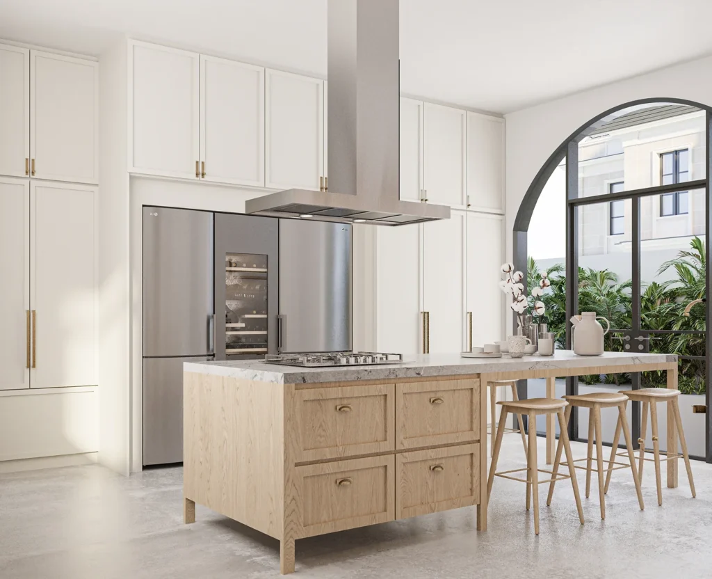 Kitchen with stools and fridge