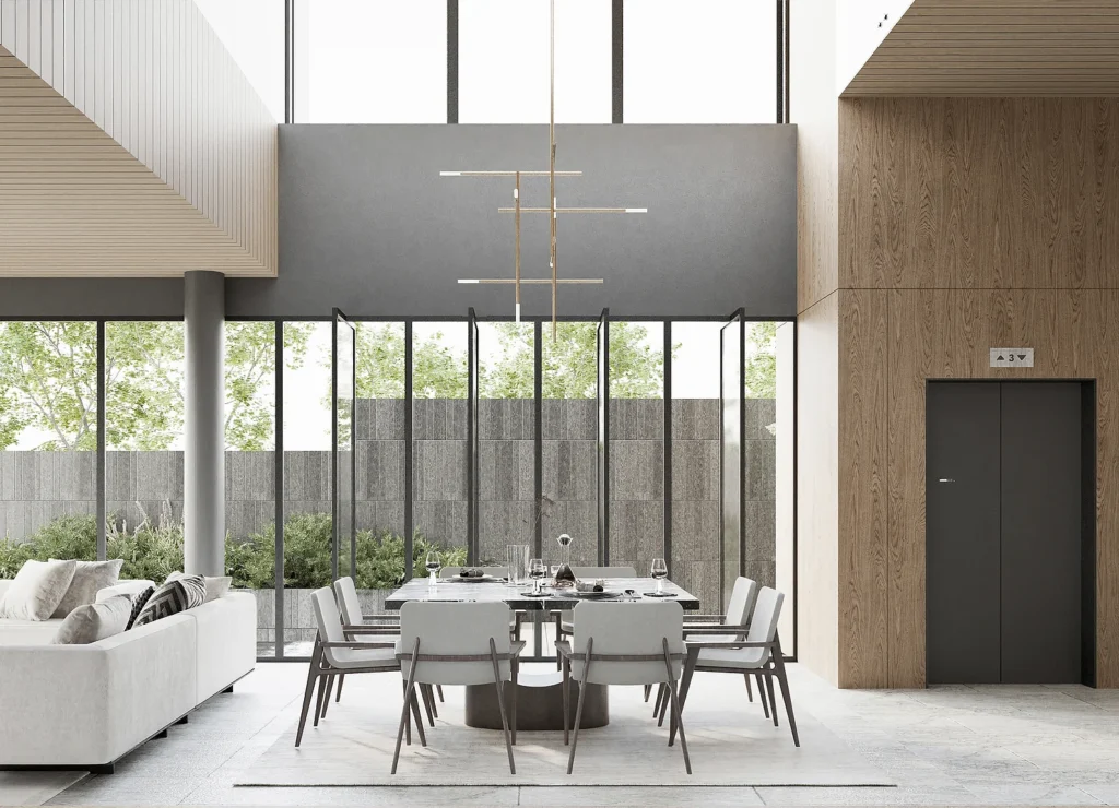 Dining table with tall ceiling and light