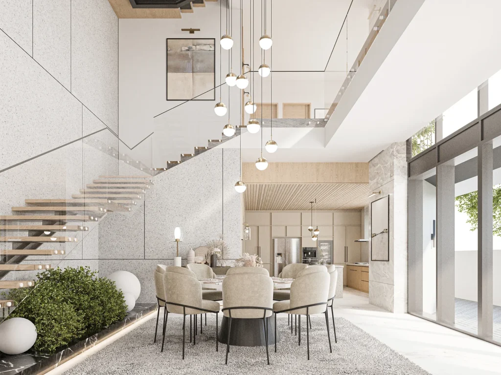 View of dining table stairs and kitchen 