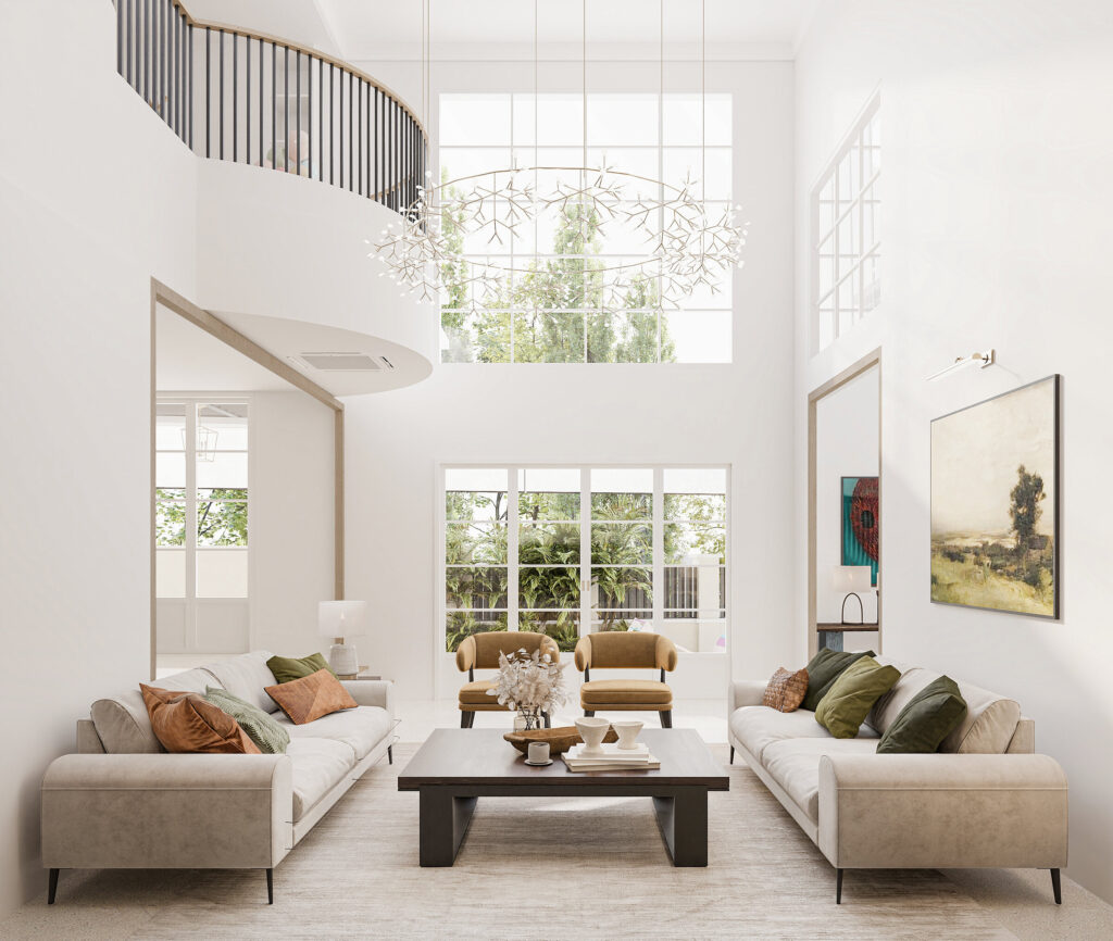 Cool tones of green and blue working together in a Holland Grove living room interior by Haus Atelier