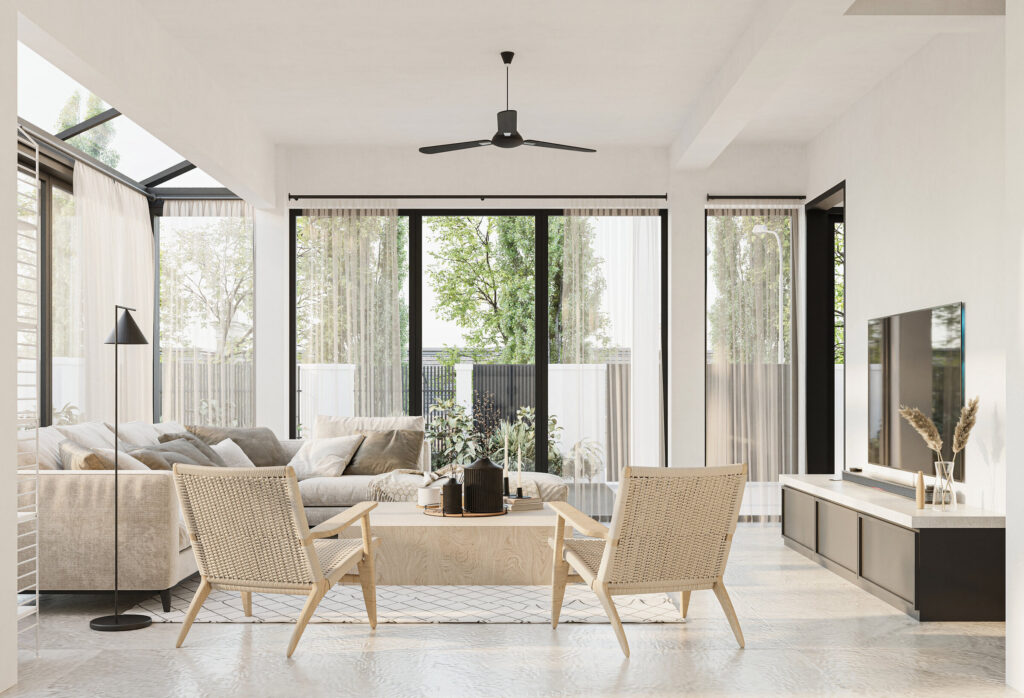 Neutral interior design of a Haus Atelier's Jalan Dondang Sayang project's living room