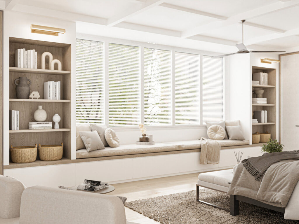 Built-in window bench, Clementi Park contemporary Mediterranean style interior by Haus Atelier