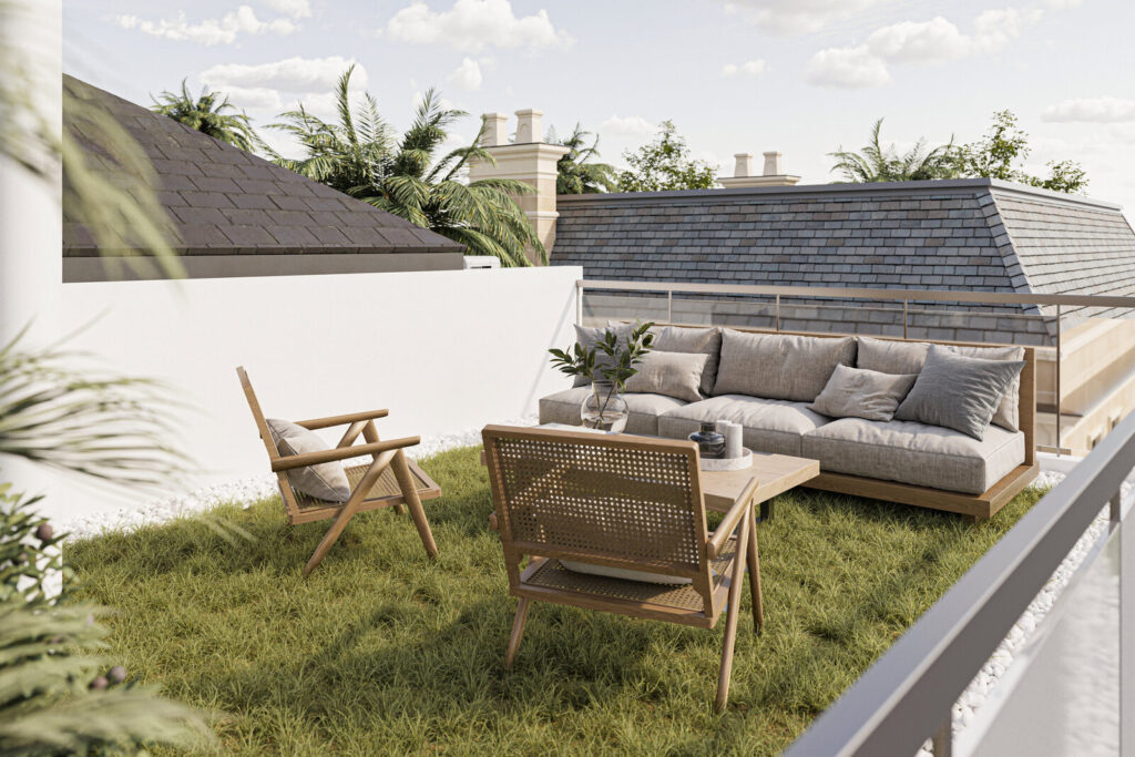 Roof terrace in Mediterranean interior design project Clementi Park by Haus Atelier